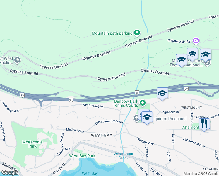 map of restaurants, bars, coffee shops, grocery stores, and more near in West Vancouver