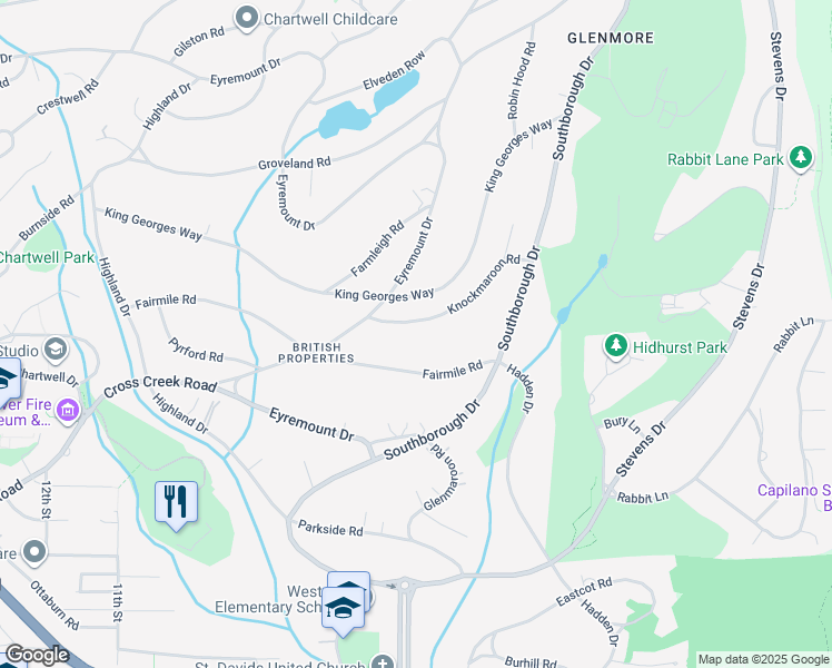 map of restaurants, bars, coffee shops, grocery stores, and more near 690 Knockmaroon Road in West Vancouver