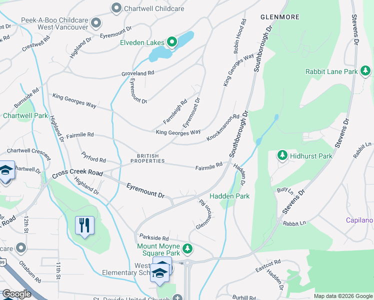 map of restaurants, bars, coffee shops, grocery stores, and more near 740 Knockmaroon Road in West Vancouver