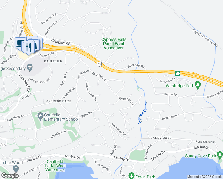 map of restaurants, bars, coffee shops, grocery stores, and more near 4222 Rockridge Road in West Vancouver