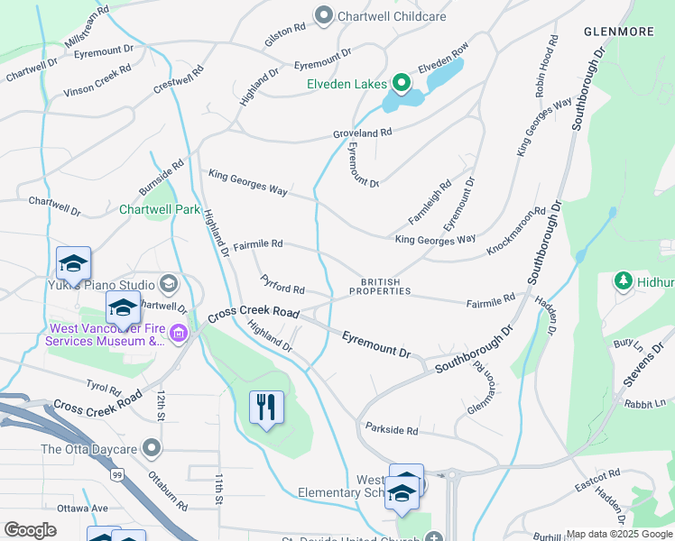 map of restaurants, bars, coffee shops, grocery stores, and more near 848 Fairmile Road in West Vancouver
