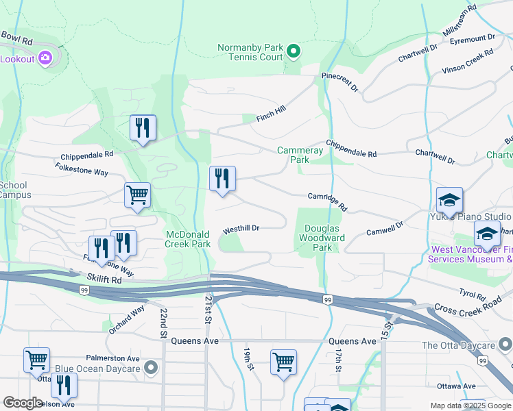 map of restaurants, bars, coffee shops, grocery stores, and more near Westhill Drive in West Vancouver