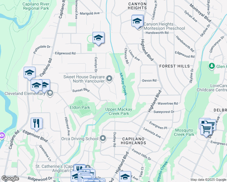 map of restaurants, bars, coffee shops, grocery stores, and more near 4143 Virginia Crescent in North Vancouver