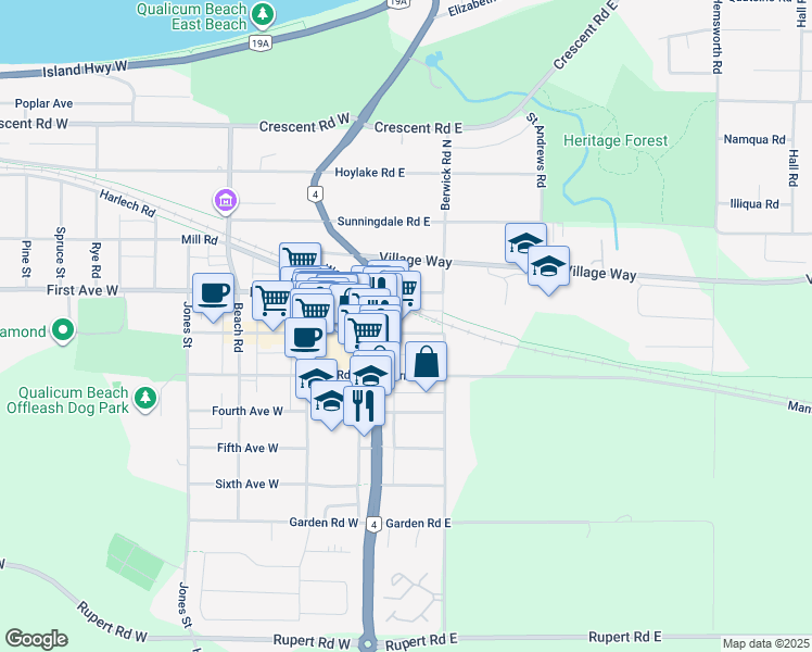 map of restaurants, bars, coffee shops, grocery stores, and more near 6 Second Avenue East in Qualicum Beach