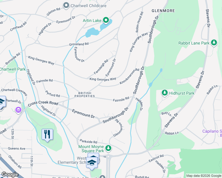map of restaurants, bars, coffee shops, grocery stores, and more near 690 Knockmaroon Road in West Vancouver