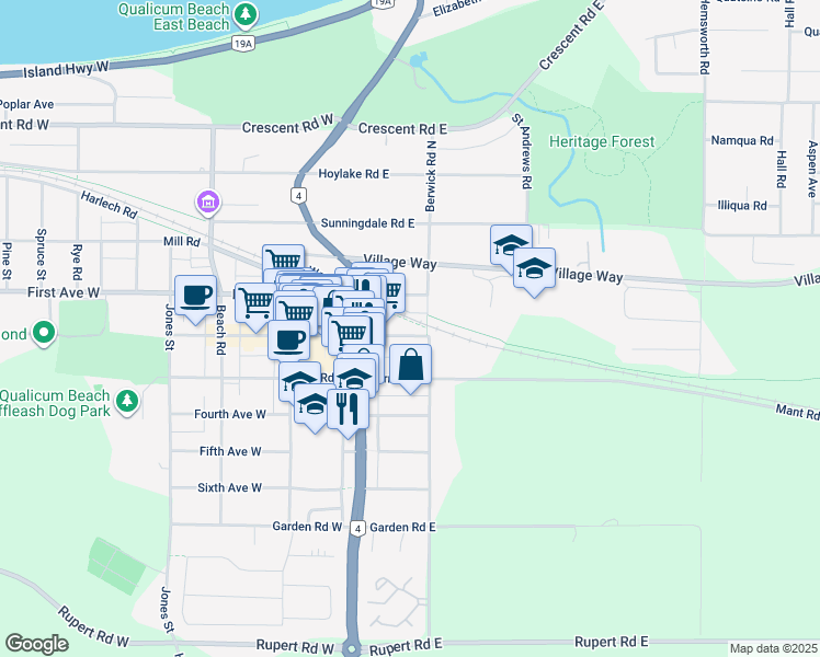 map of restaurants, bars, coffee shops, grocery stores, and more near 6 Second Avenue East in Qualicum Beach