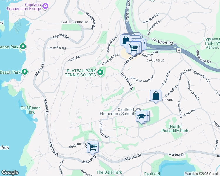 map of restaurants, bars, coffee shops, grocery stores, and more near 5130 Ashfeild Road in West Vancouver