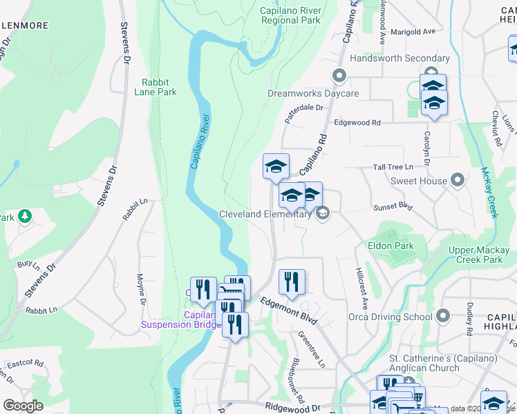 map of restaurants, bars, coffee shops, grocery stores, and more near 1362 Eldon Road in North Vancouver