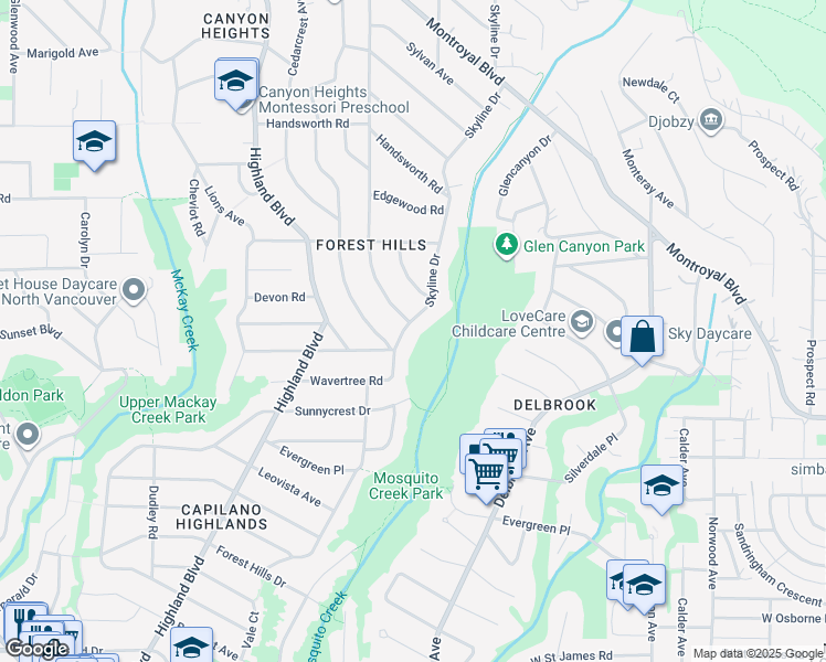 map of restaurants, bars, coffee shops, grocery stores, and more near 4108 Skyline Drive in North Vancouver