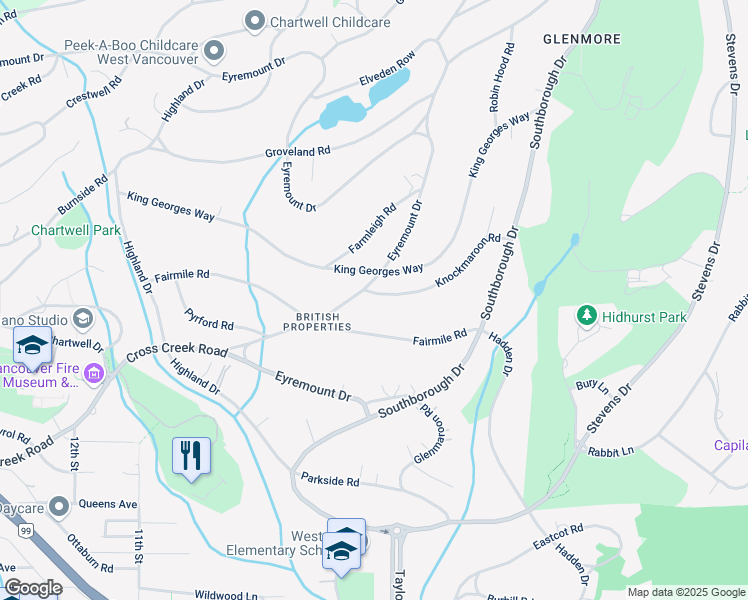 map of restaurants, bars, coffee shops, grocery stores, and more near 820 Knockmaroon Road in West Vancouver