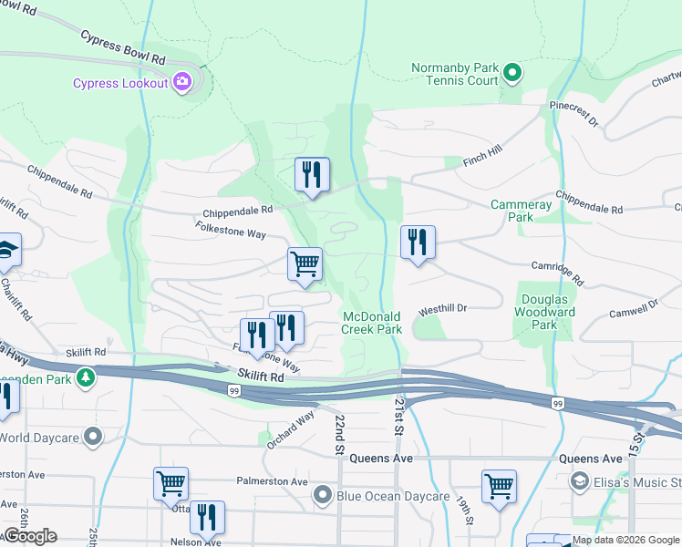 map of restaurants, bars, coffee shops, grocery stores, and more near 2572 Westhill Close in West Vancouver