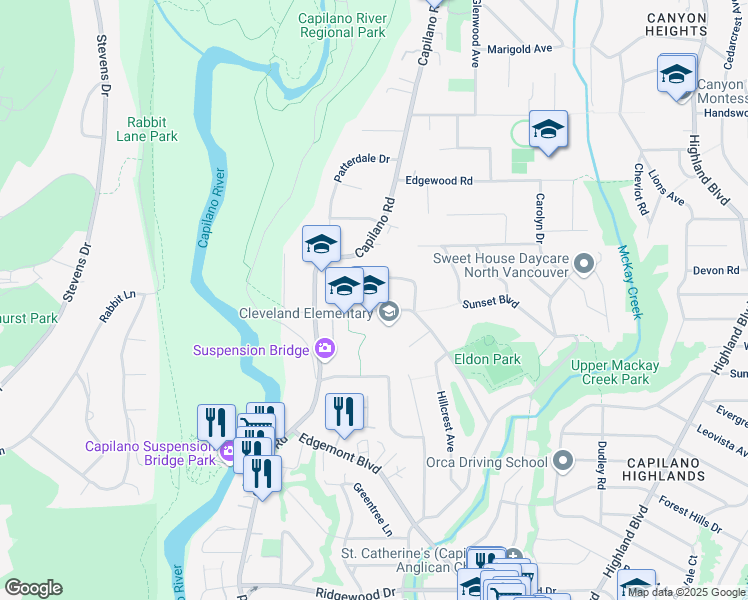 map of restaurants, bars, coffee shops, grocery stores, and more near 1260 Eldon Road in North Vancouver