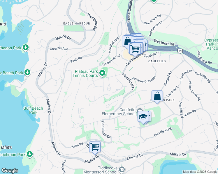 map of restaurants, bars, coffee shops, grocery stores, and more near 5110 Alderfeild Place in West Vancouver