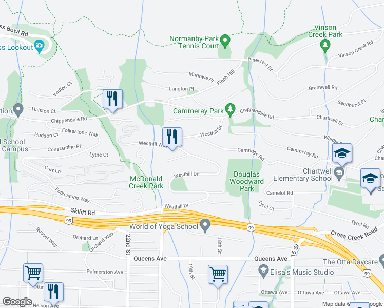 map of restaurants, bars, coffee shops, grocery stores, and more near 2398 Westhill Drive in West Vancouver