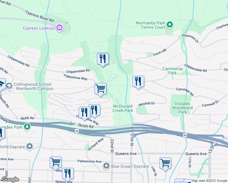 map of restaurants, bars, coffee shops, grocery stores, and more near 2572 Westhill Close in West Vancouver