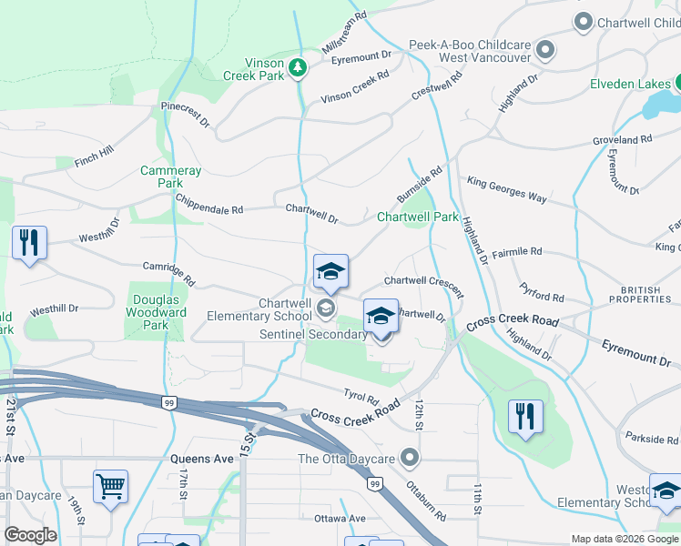 map of restaurants, bars, coffee shops, grocery stores, and more near Chartwell Drive in West Vancouver