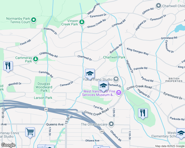 map of restaurants, bars, coffee shops, grocery stores, and more near 1327 Chartwell Drive in West Vancouver