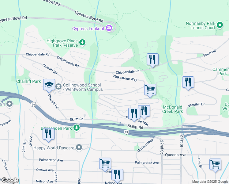 map of restaurants, bars, coffee shops, grocery stores, and more near 2358 Constantine Place in West Vancouver