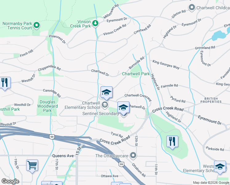 map of restaurants, bars, coffee shops, grocery stores, and more near 1335 Chartwell Drive in West Vancouver