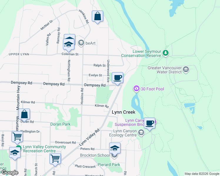 map of restaurants, bars, coffee shops, grocery stores, and more near 4117 Lynn Valley Road in North Vancouver