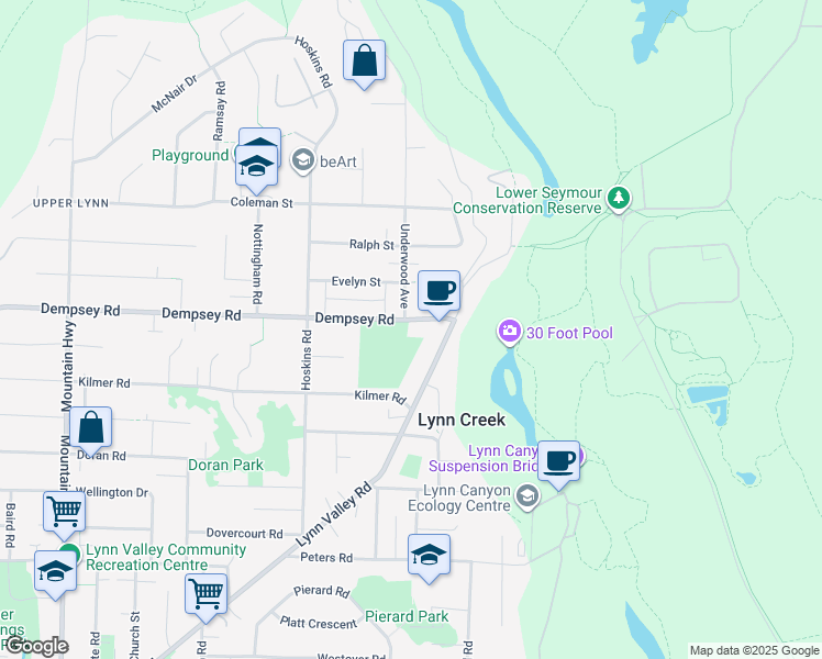 map of restaurants, bars, coffee shops, grocery stores, and more near 1707 Dempsey Road in North Vancouver