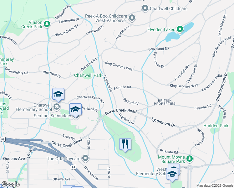 map of restaurants, bars, coffee shops, grocery stores, and more near 960 Pyrford Road in West Vancouver