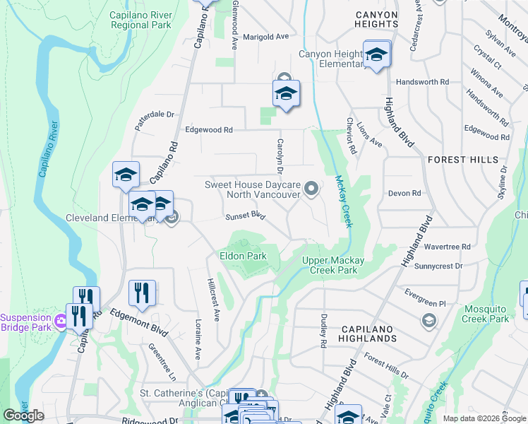 map of restaurants, bars, coffee shops, grocery stores, and more near 4096 Sunset Boulevard in North Vancouver