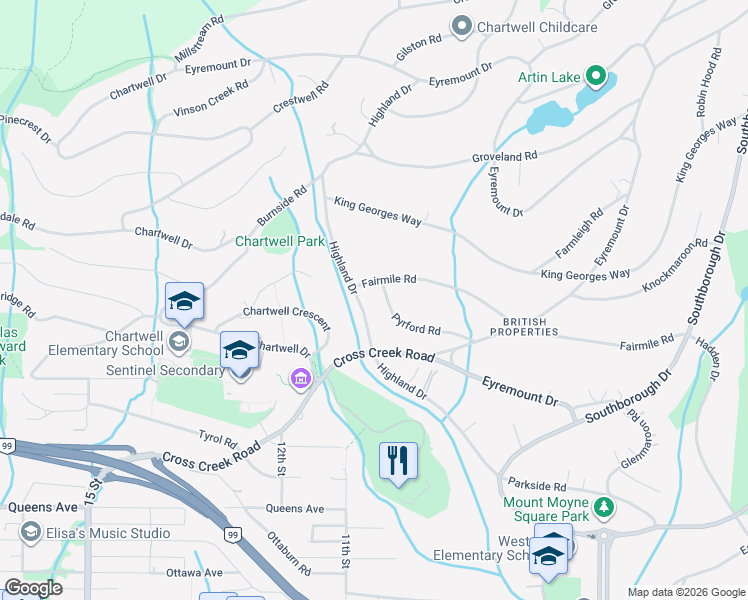 map of restaurants, bars, coffee shops, grocery stores, and more near 960 Pyrford Road in West Vancouver
