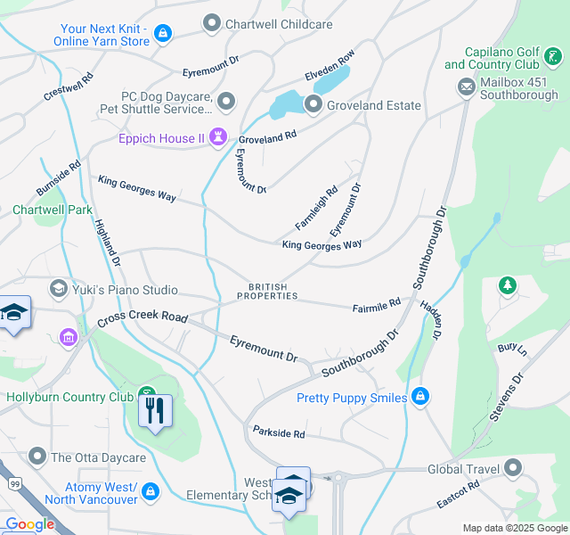 map of restaurants, bars, coffee shops, grocery stores, and more near 820 Eyremount Drive in West Vancouver