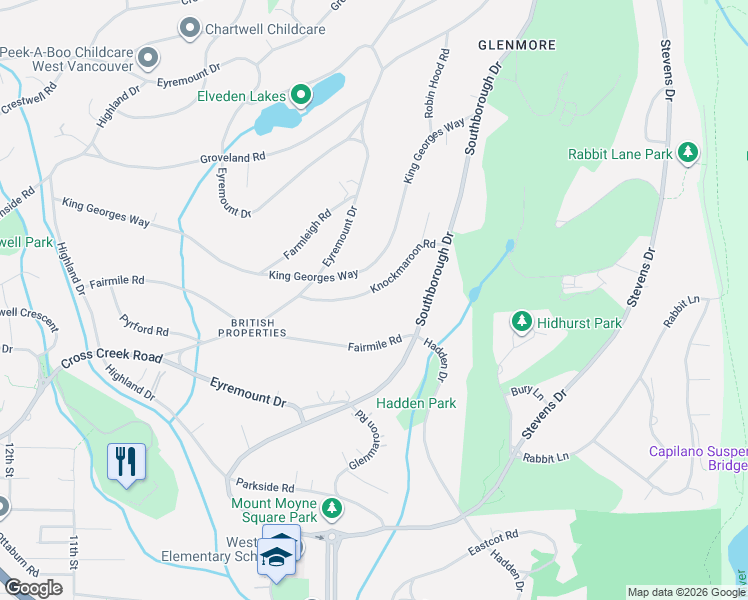 map of restaurants, bars, coffee shops, grocery stores, and more near 620 Knockmaroon Road in West Vancouver
