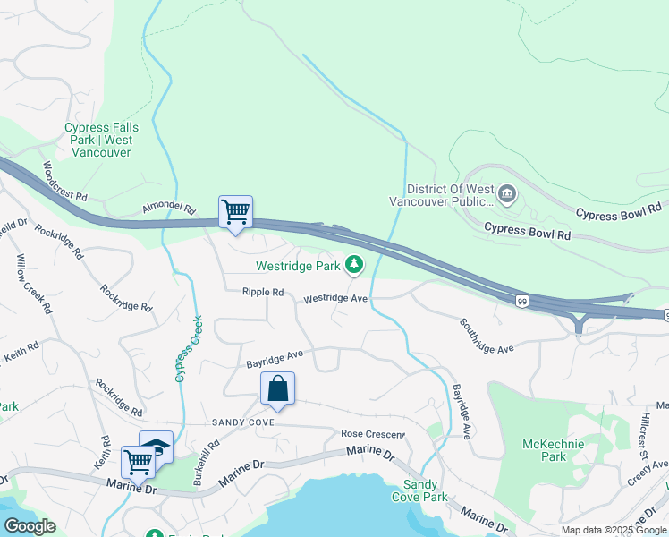 map of restaurants, bars, coffee shops, grocery stores, and more near 4044 Almondel Road in West Vancouver