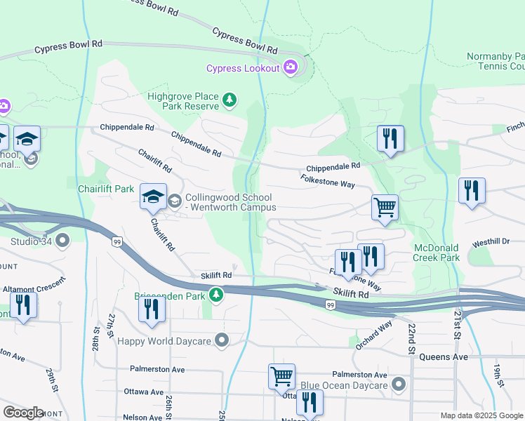 map of restaurants, bars, coffee shops, grocery stores, and more near 2398 Constantine Place in West Vancouver