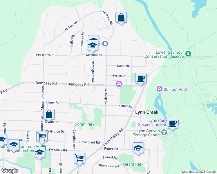 map of restaurants, bars, coffee shops, grocery stores, and more near 4190 Hoskins Road in North Vancouver