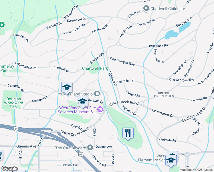 map of restaurants, bars, coffee shops, grocery stores, and more near 1243 Chartwell Place in West Vancouver