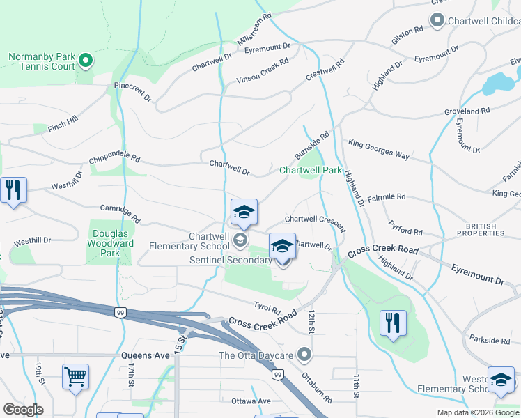 map of restaurants, bars, coffee shops, grocery stores, and more near 1335 Chartwell Drive in West Vancouver