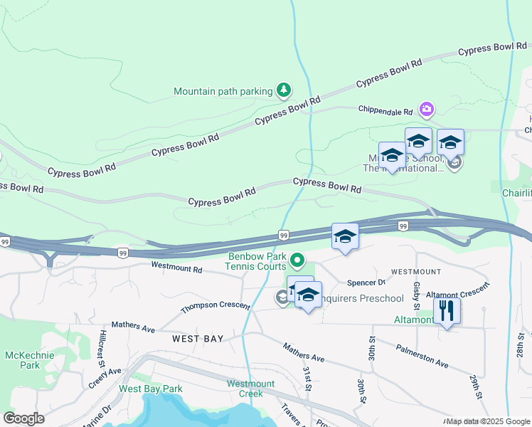 map of restaurants, bars, coffee shops, grocery stores, and more near 3178 Deer Ridge Drive in West Vancouver