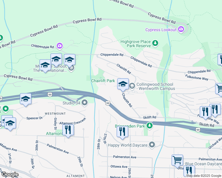 map of restaurants, bars, coffee shops, grocery stores, and more near 2320 Chairlift Close in West Vancouver