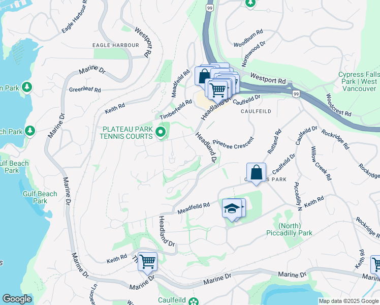 map of restaurants, bars, coffee shops, grocery stores, and more near 5155 Alderfeild Place in West Vancouver