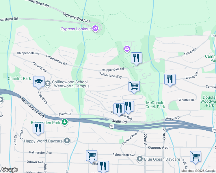 map of restaurants, bars, coffee shops, grocery stores, and more near 2342 Constantine Place in West Vancouver