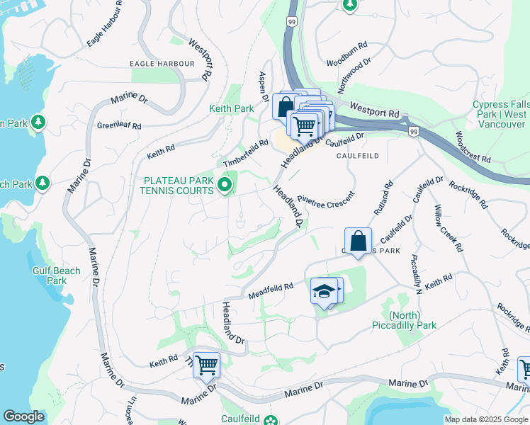 map of restaurants, bars, coffee shops, grocery stores, and more near 5155 Alderfeild Place in West Vancouver