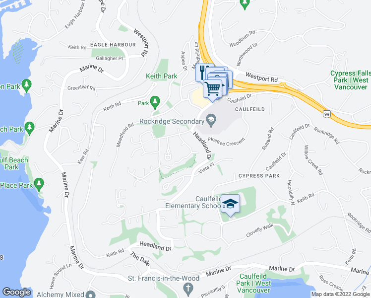 map of restaurants, bars, coffee shops, grocery stores, and more near 5155 Alderfeild Place in West Vancouver