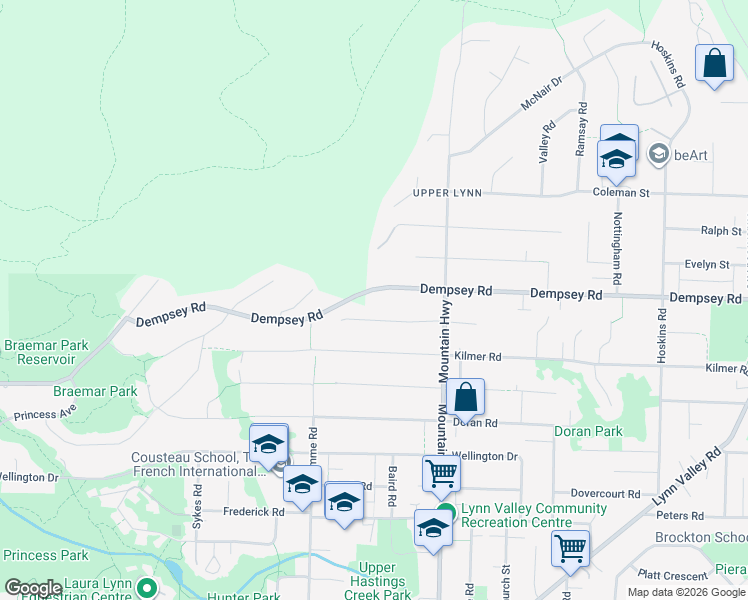 map of restaurants, bars, coffee shops, grocery stores, and more near 1195 Dempsey Road in North Vancouver