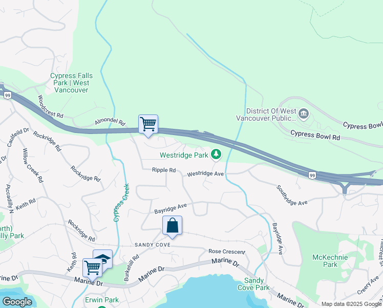 map of restaurants, bars, coffee shops, grocery stores, and more near 4060 Almondel Road in West Vancouver