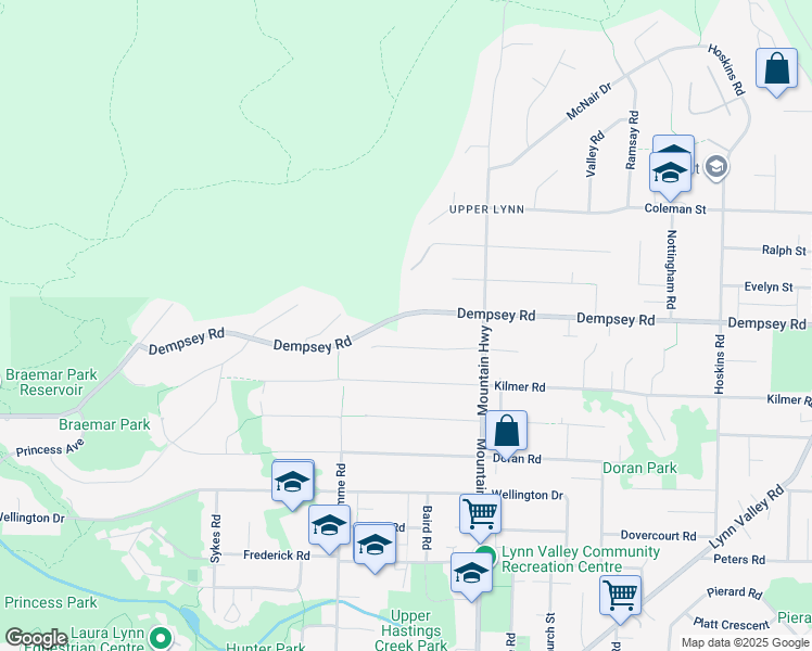 map of restaurants, bars, coffee shops, grocery stores, and more near 1195 Dempsey Road in North Vancouver