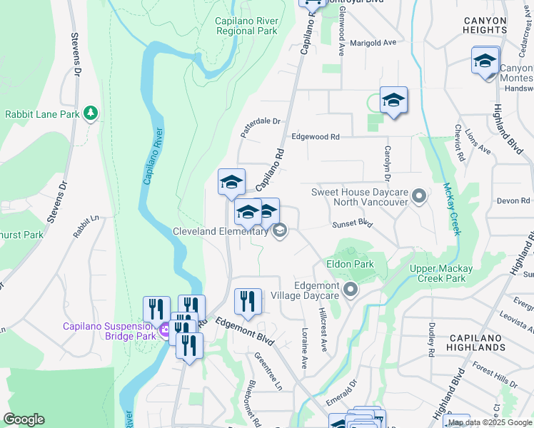 map of restaurants, bars, coffee shops, grocery stores, and more near 1245 Bracknell Crescent in North Vancouver