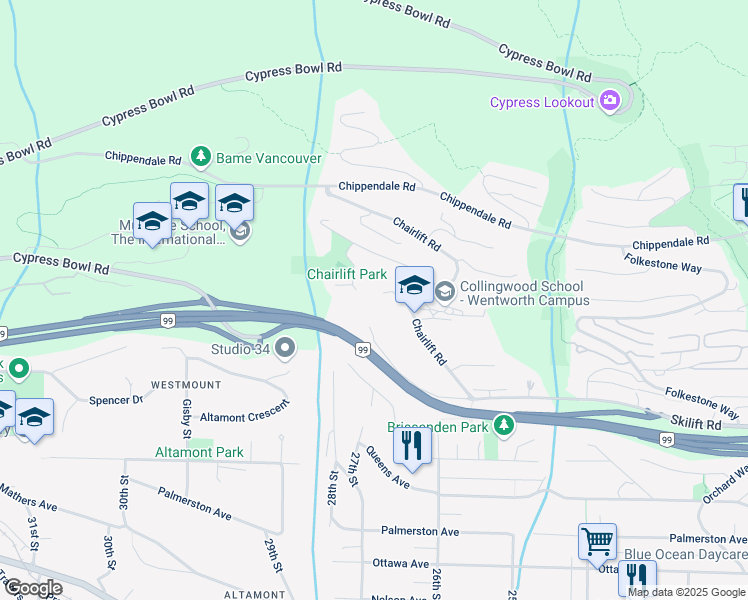 map of restaurants, bars, coffee shops, grocery stores, and more near 2320 Chairlift Close in West Vancouver