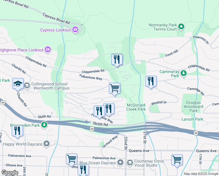map of restaurants, bars, coffee shops, grocery stores, and more near 2263 Lythe Court in West Vancouver