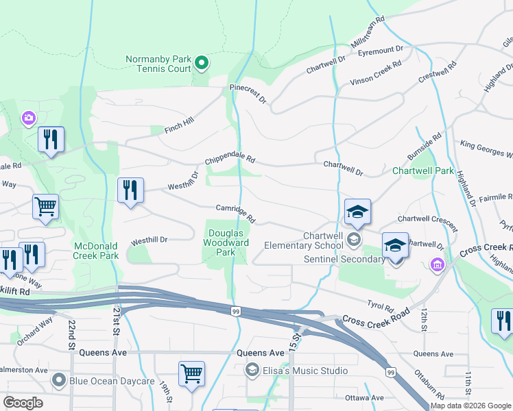 map of restaurants, bars, coffee shops, grocery stores, and more near 1356 Cammeray Road in West Vancouver