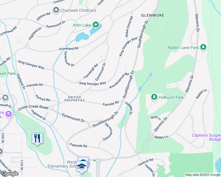 map of restaurants, bars, coffee shops, grocery stores, and more near 620 Knockmaroon Road in West Vancouver