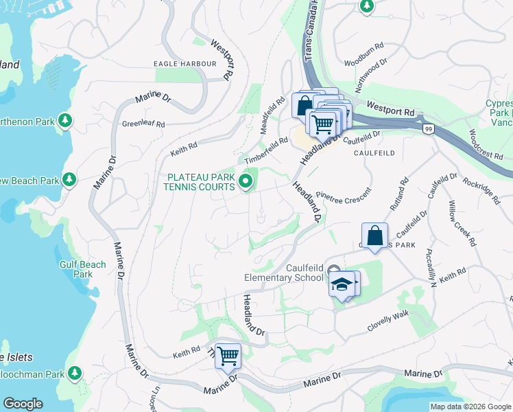 map of restaurants, bars, coffee shops, grocery stores, and more near 5153 Ashfeild Road in West Vancouver
